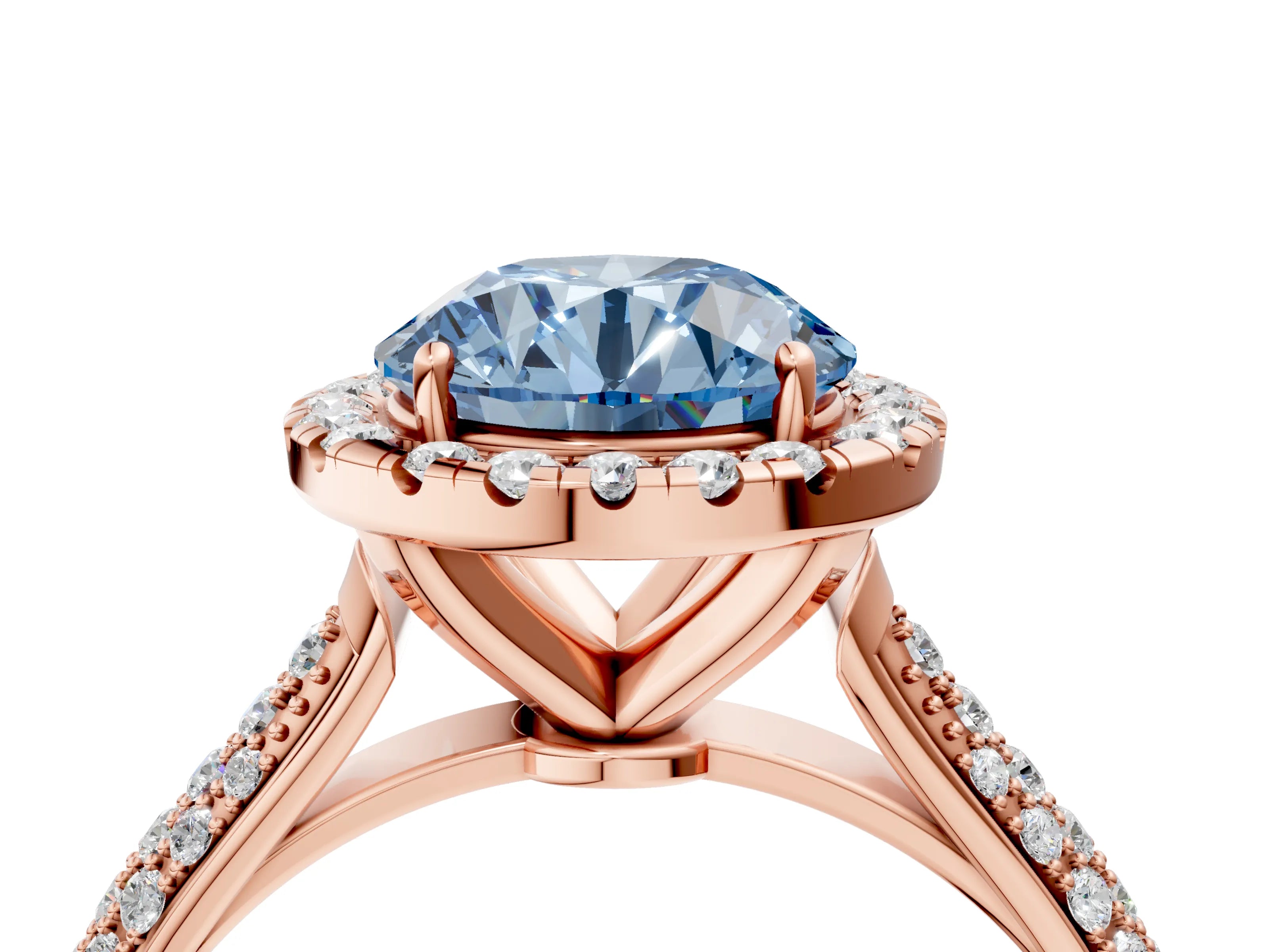 Rose gold Fancy Blue Round Cut Halo Diamond Ring with Pavé Band_4