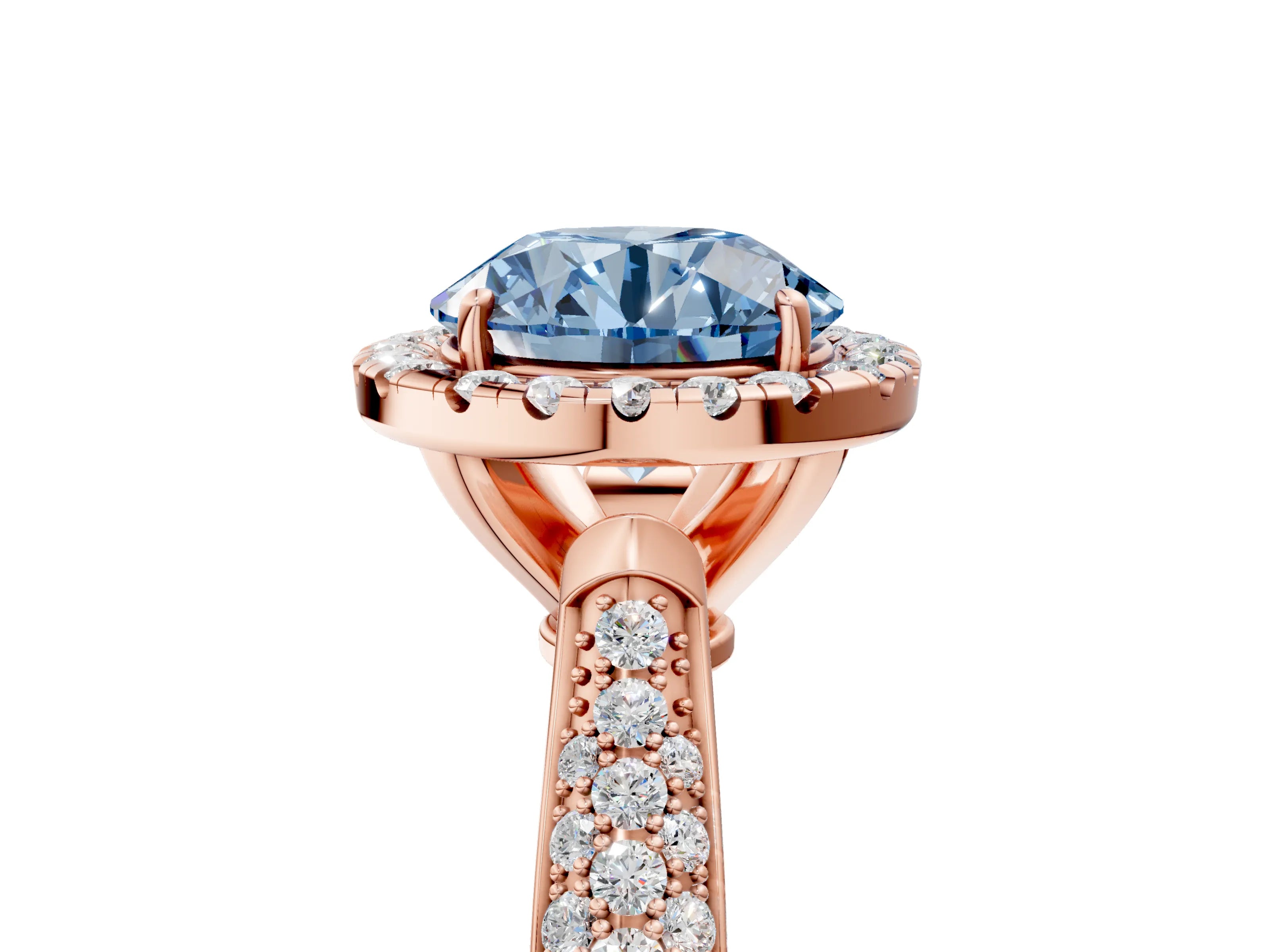 Rose gold Fancy Blue Round Cut Halo Diamond Ring with Pavé Band_5