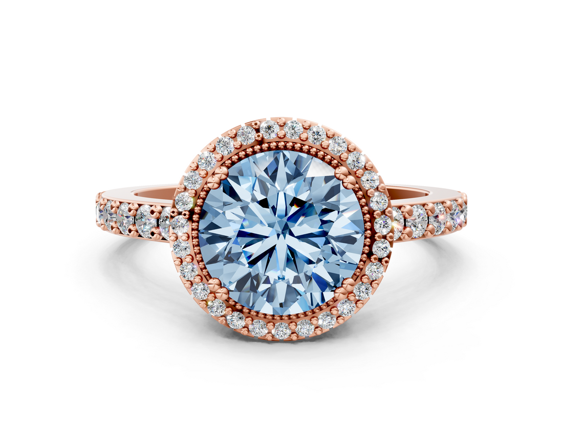 Rose gold Fancy Blue Round  Cut Halo Diamond Ring with Pave Band and Four-Prong Setting_25