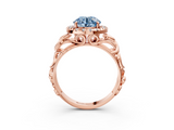 Rose gold Fancy Blue Round  Cut Halo Diamond Ring with Scrollwork Band and Four-Prong Setting_49