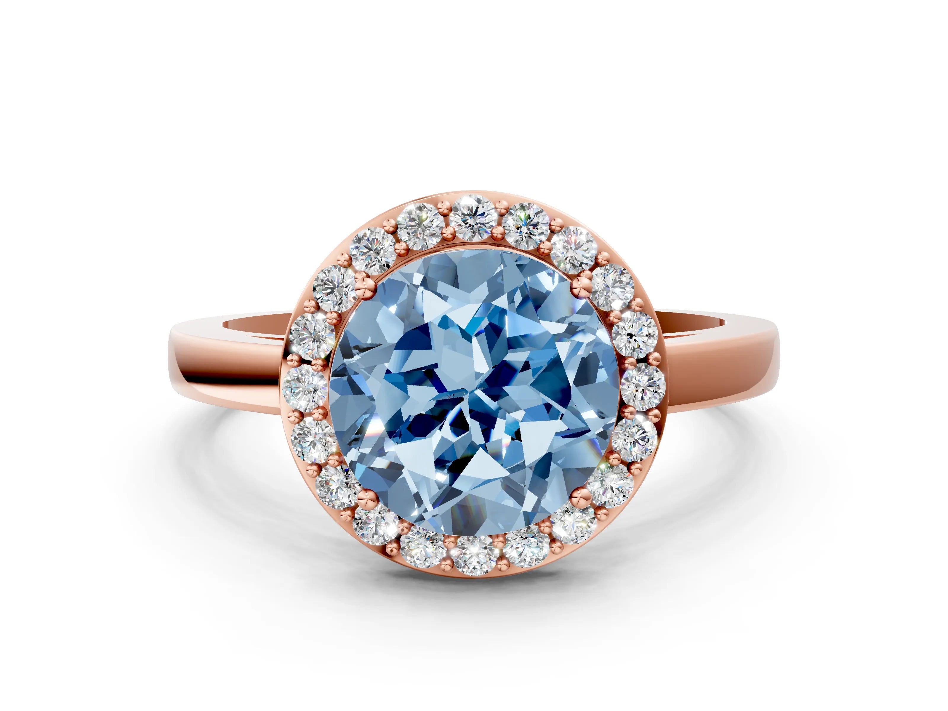 Rose gold Fancy Blue Round Cut Halo Diamond Ring with Solitaire Band and Prong Setting