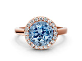 Rose gold Fancy Blue Round Cut Halo Diamond Ring with Solitaire Band and Prong Setting