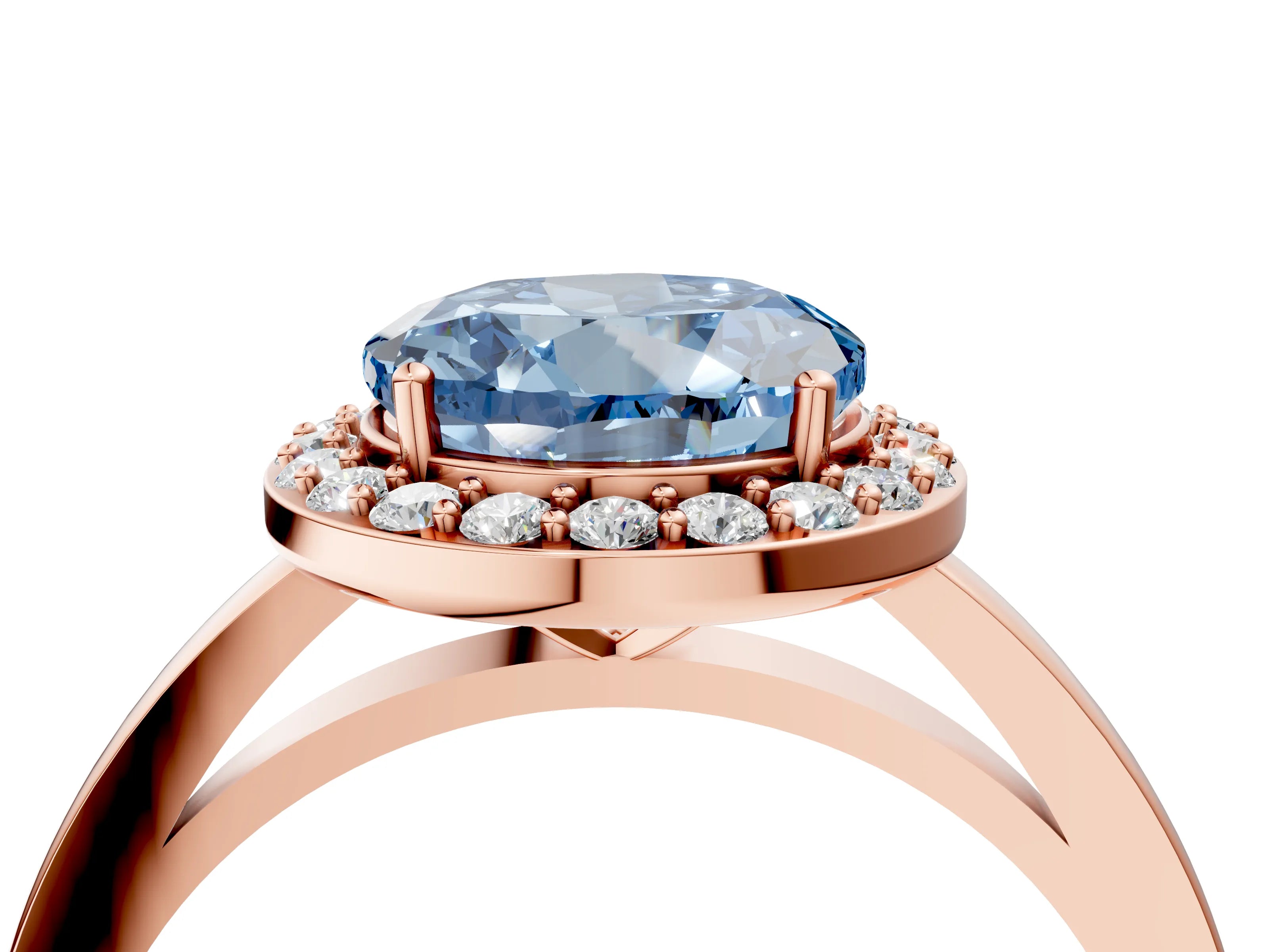 Rose gold Fancy Blue Round Cut Halo Diamond Ring with Solitaire Band and Prong Setting_4