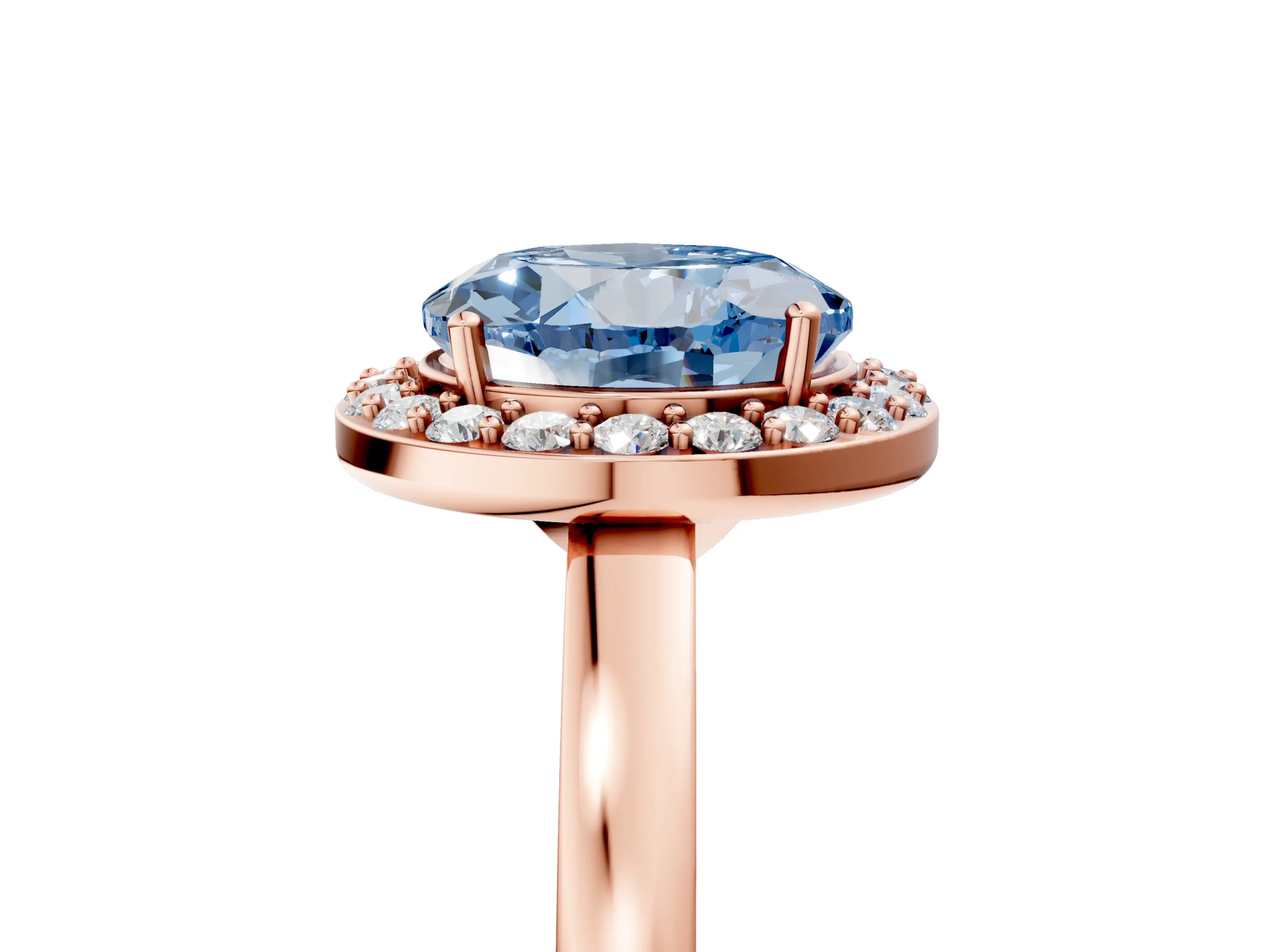 Rose gold Fancy Blue Round Cut Halo Diamond Ring with Solitaire Band and Prong Setting_5