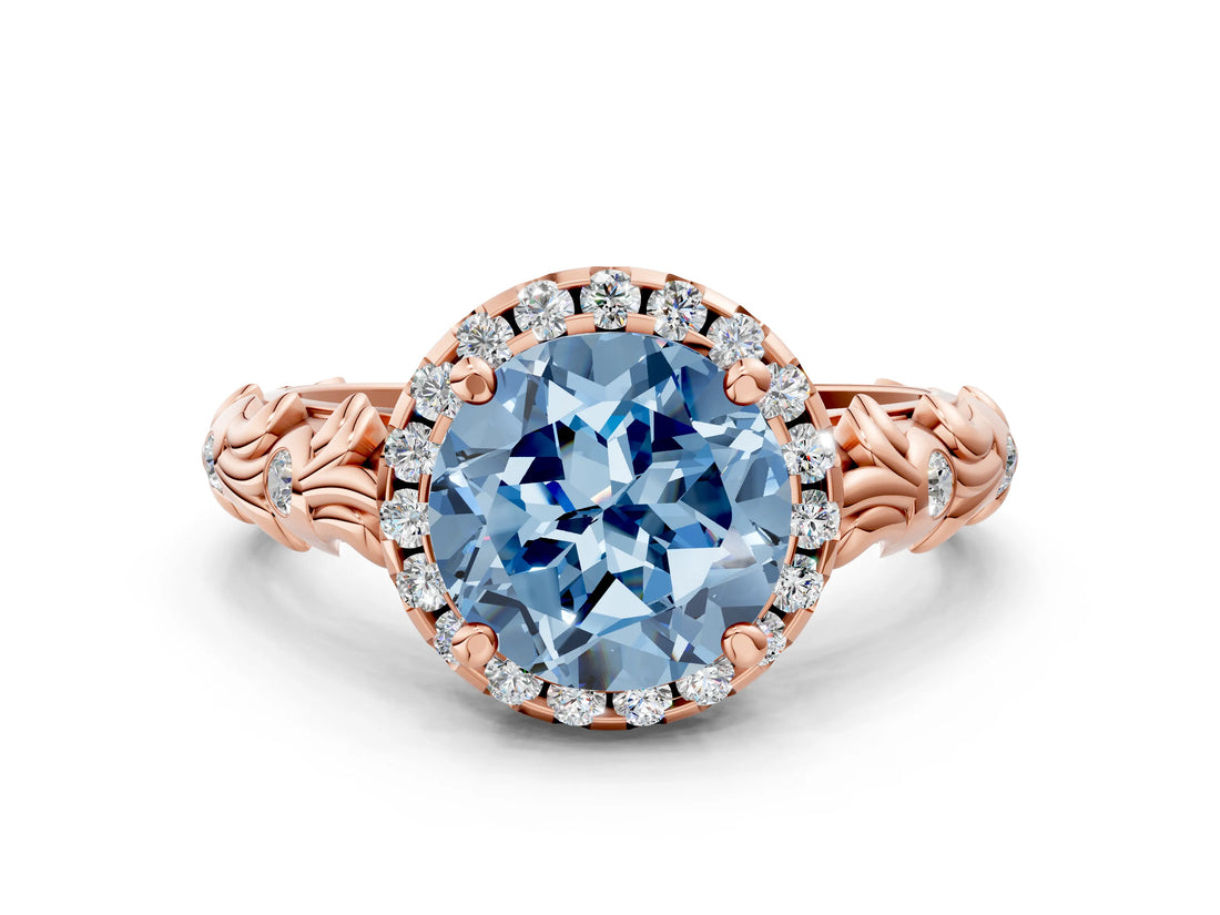 Rose gold Fancy Blue Round Cut Halo Diamond Solitaire with Filigree Band and Four-Prong Setting