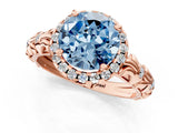 Rose gold Fancy Blue Round Cut Halo Diamond Solitaire with Filigree Band and Four-Prong Setting_1