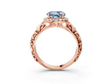 Rose gold Fancy Blue Round Cut Halo Diamond Solitaire with Filigree Band and Four-Prong Setting_3