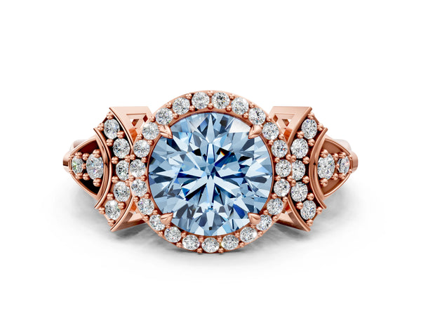 Rose Gold Round Halo Engagement Ring Setting for Fancy Blue Center with Arched Pave