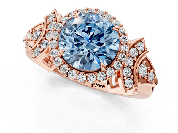 Rose Gold Round Halo Engagement Ring Setting for Fancy Blue Center with Arched Pave