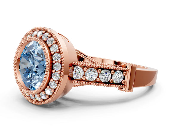 Rose Gold Round Vintage Bezel Halo Engagement Ring Setting for Fancy Blue Center