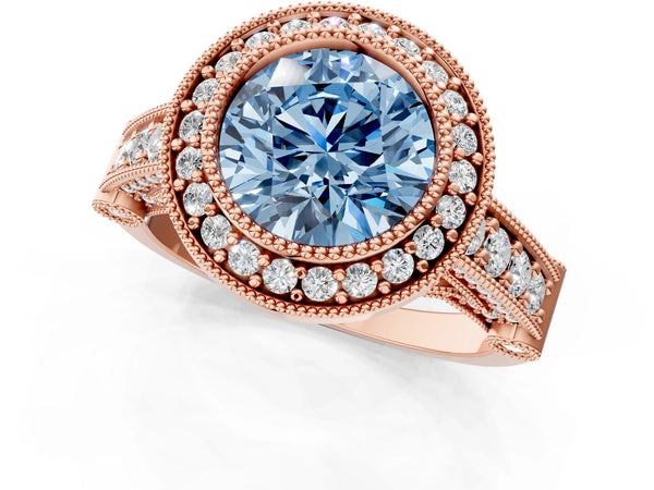 Rose Gold Round Vintage Bezel Halo Engagement Ring Setting for Fancy Blue Center