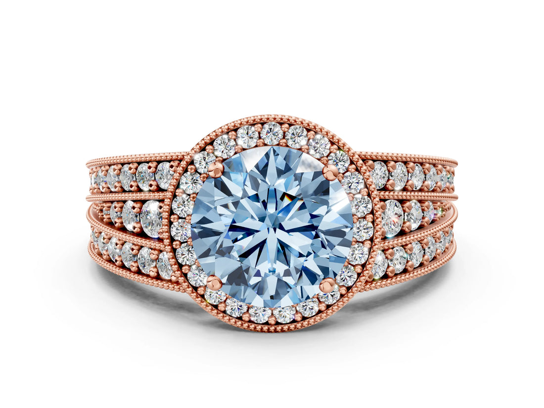 Rose gold Fancy Blue Round Cut Halo Diamond Split Shank Ring with Prong Setting