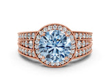 Rose gold Fancy Blue Round Cut Halo Diamond Split Shank Ring with Prong Setting