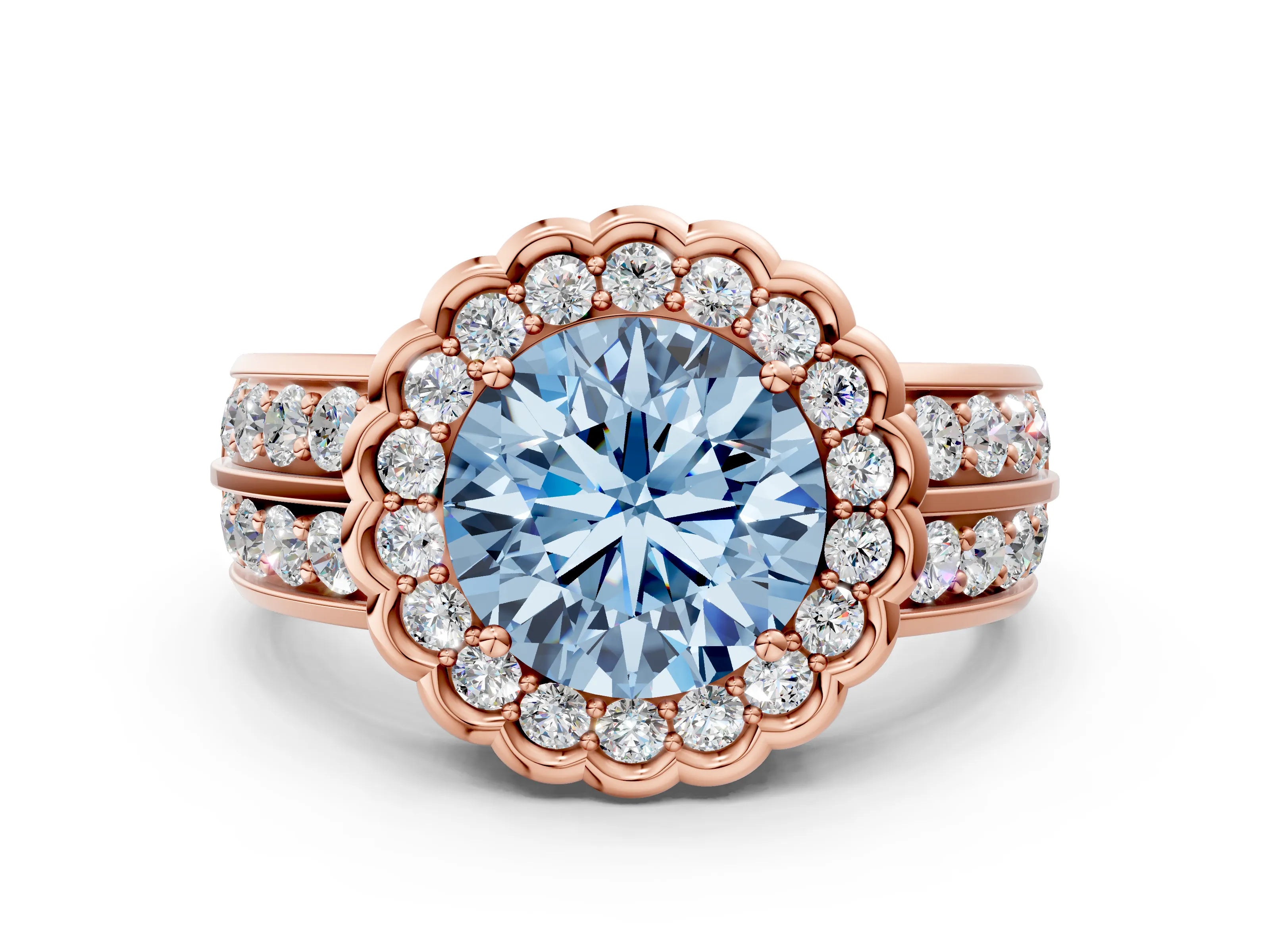 Rose gold Fancy Blue Round Cut Halo Diamond Split Shank Ring with Scalloped Prong Setting