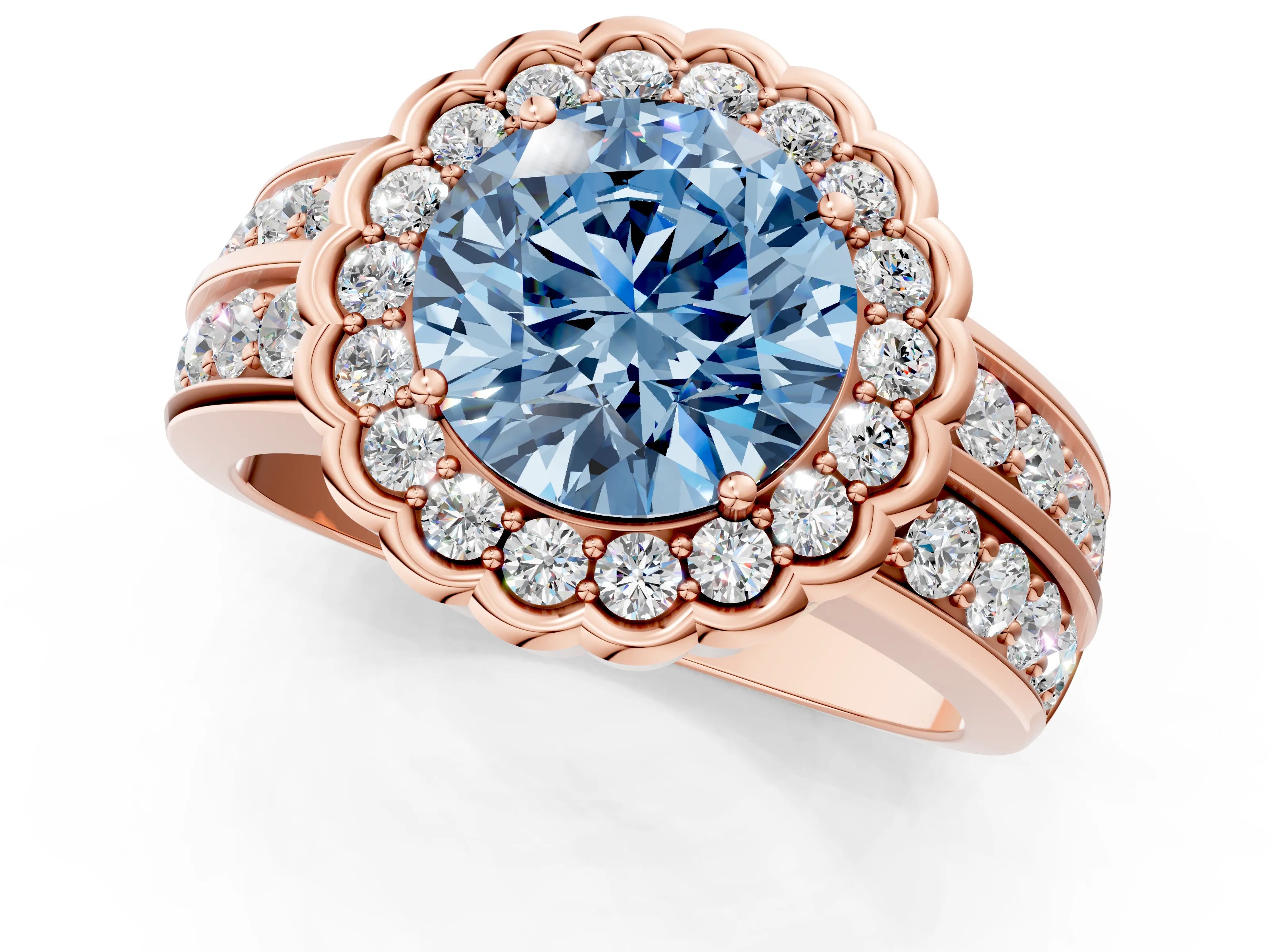 Rose gold Fancy Blue Round Cut Halo Diamond Split Shank Ring with Scalloped Prong Setting_1