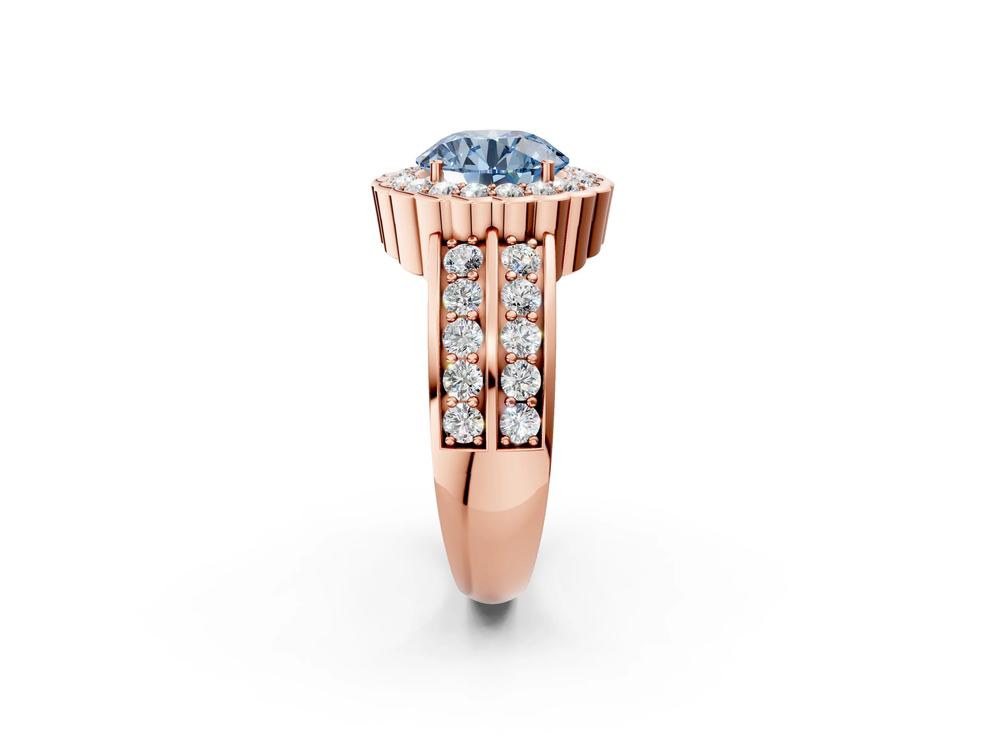 Rose gold Fancy Blue Round Cut Halo Diamond Split Shank Ring with Scalloped Prong Setting_2
