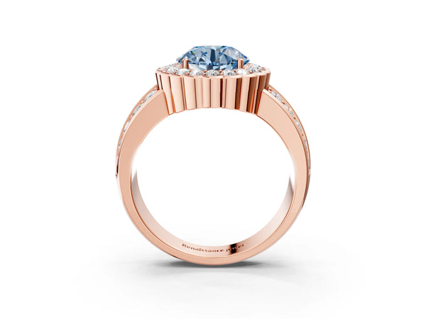 Rose gold Fancy Blue Round Cut Halo Diamond Split Shank Ring with Scalloped Prong Setting