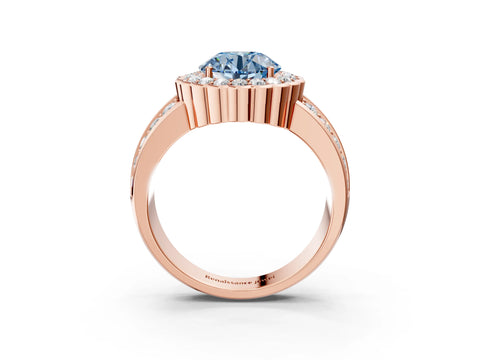 Rose gold Fancy Blue Round Cut Halo Diamond Split Shank Ring with Scalloped Prong Setting_3