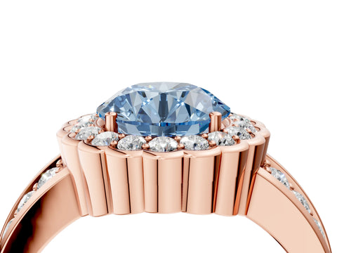 Rose gold Fancy Blue Round Cut Halo Diamond Split Shank Ring with Scalloped Prong Setting_4