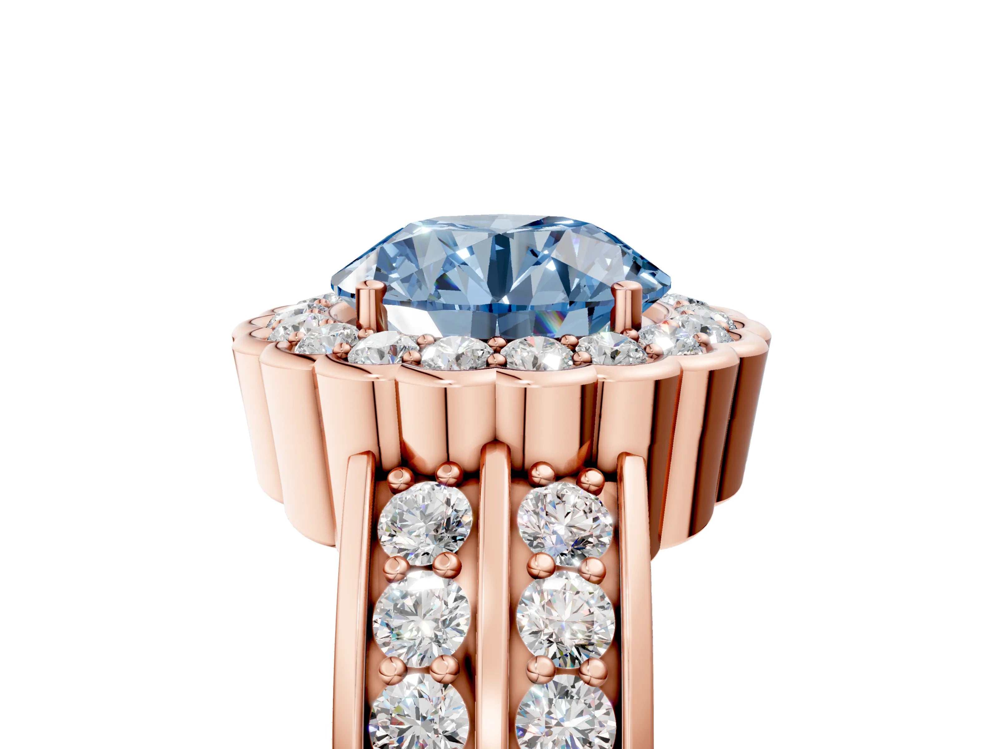 Rose gold Fancy Blue Round Cut Halo Diamond Split Shank Ring with Scalloped Prong Setting_5