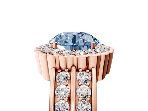 Rose gold Fancy Blue Round Cut Halo Diamond Split Shank Ring with Scalloped Prong Setting_5