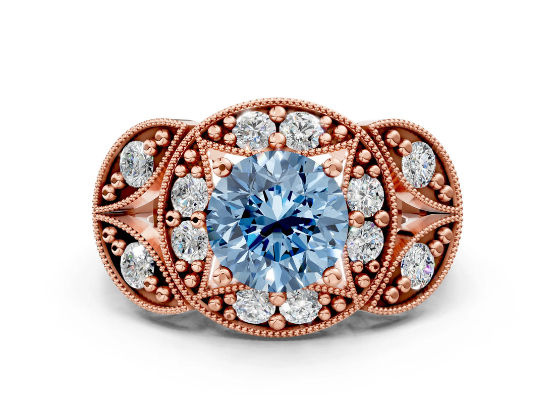 Rose gold Fancy Blue Round Cut Halo Milgrain Diamond Engagement Ring with Leaf Band and Four-Prong Setting