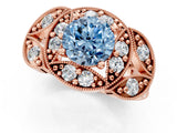 Rose gold Fancy Blue Round Cut Halo Milgrain Diamond Engagement Ring with Leaf Band and Four-Prong Setting_1