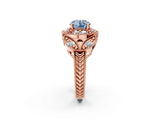 Rose gold Fancy Blue Round Cut Halo Milgrain Diamond Engagement Ring with Leaf Band and Four-Prong Setting_2