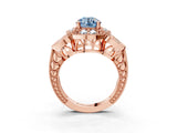 Rose gold Fancy Blue Round Cut Halo Milgrain Diamond Engagement Ring with Leaf Band and Four-Prong Setting_3