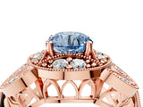 Rose gold Fancy Blue Round Cut Halo Milgrain Diamond Engagement Ring with Leaf Band and Four-Prong Setting_4