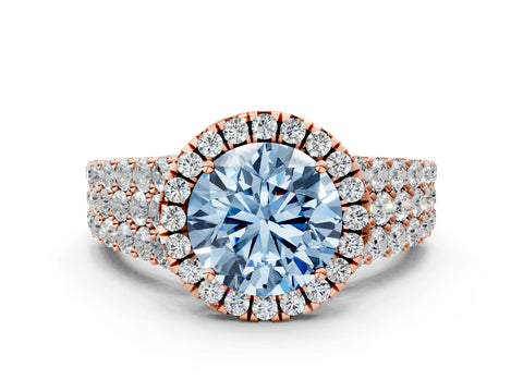 Rose gold Fancy Blue Round Cut Halo Pavé Diamond Engagement Ring with Split Shank and Four-Prong Setting_3