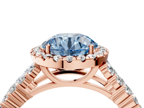 Rose gold Fancy Blue Round Cut Halo Pavé Diamond Engagement Ring with Split Shank and Four-Prong Setting_7