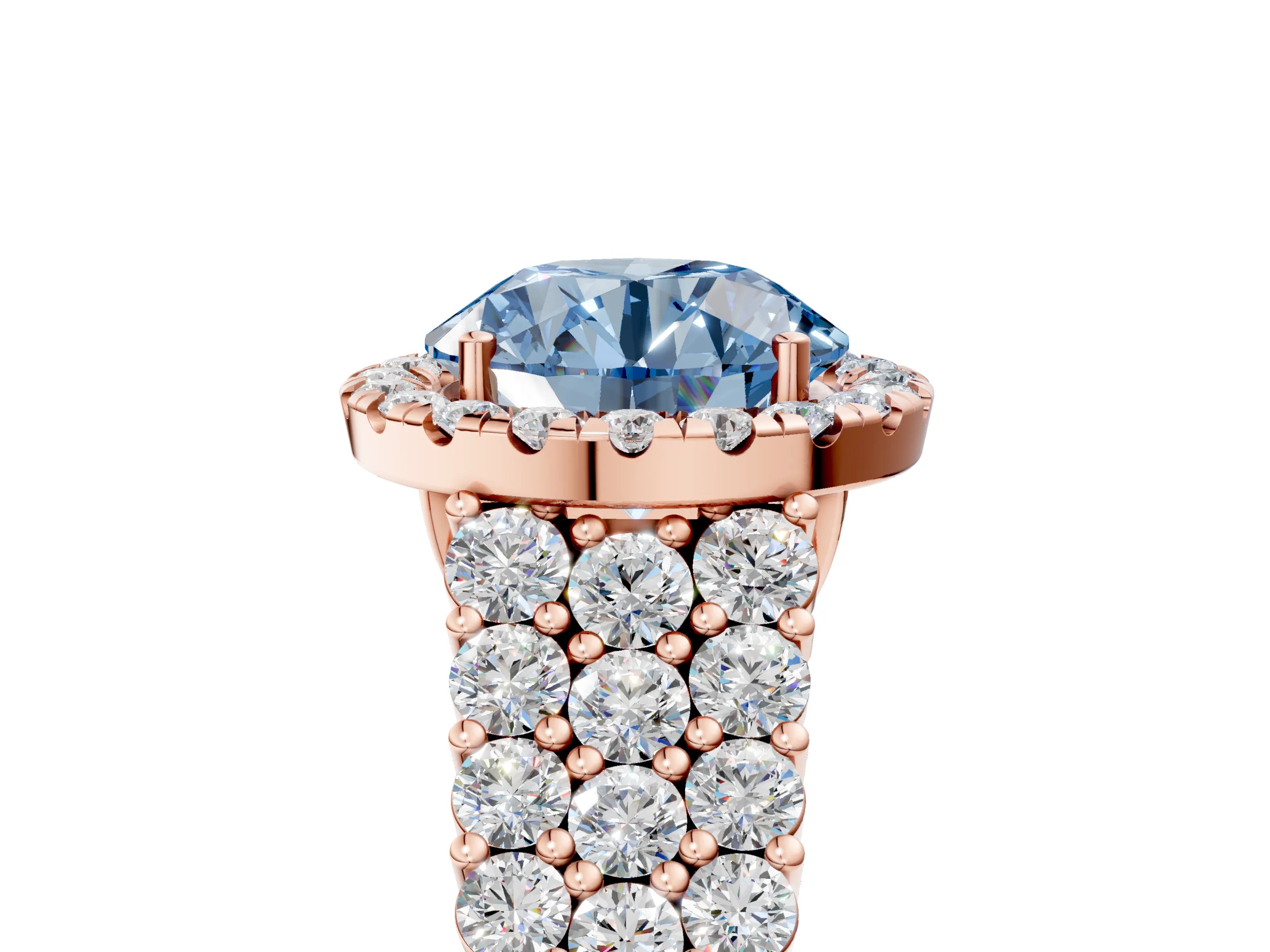 Rose gold Fancy Blue Round Cut Halo Pavé Diamond Engagement Ring with Split Shank and Four-Prong Setting_8
