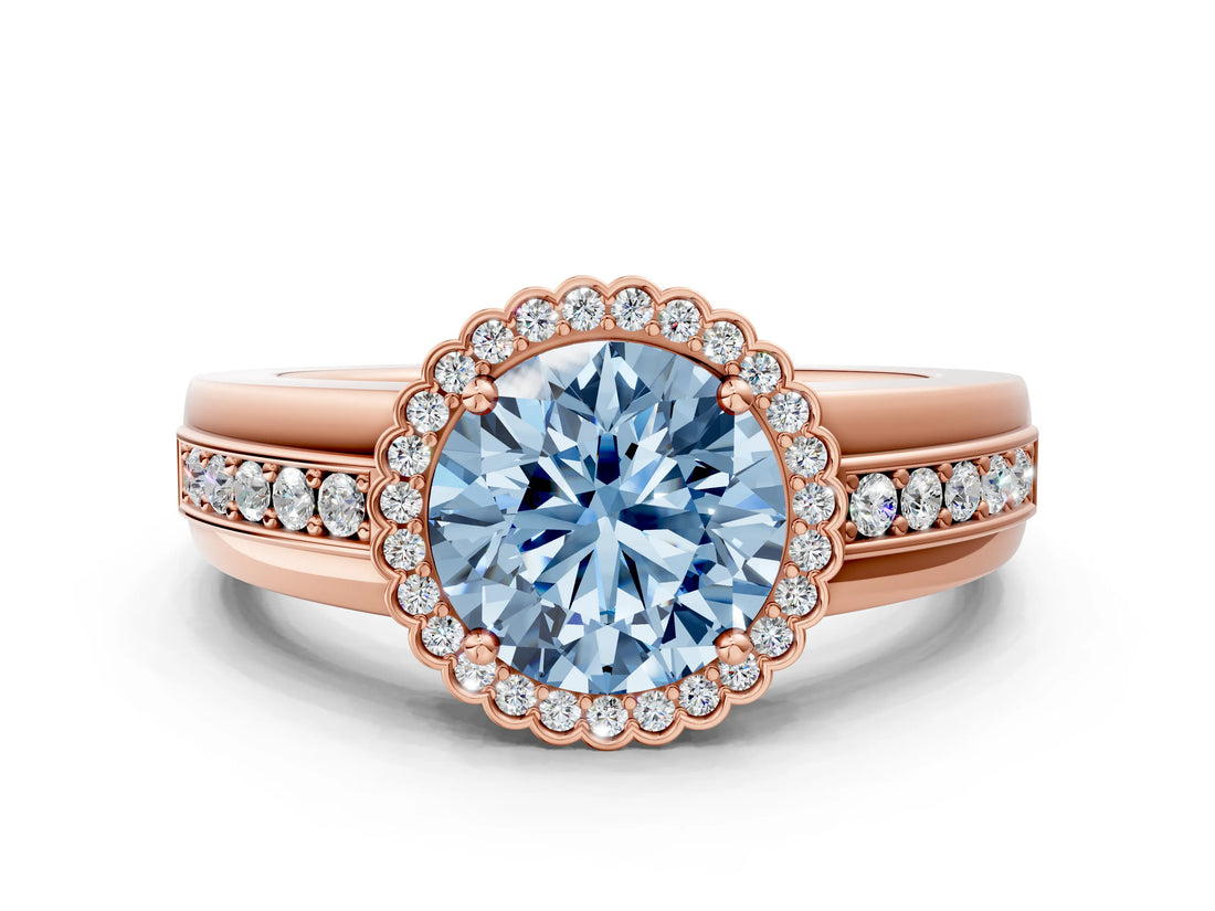 Rose gold Fancy Blue Round  Cut Halo Pave Band Four-Prong Ring_49