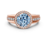 Rose gold Fancy Blue Round  Cut Halo Pave Band Four-Prong Ring_49