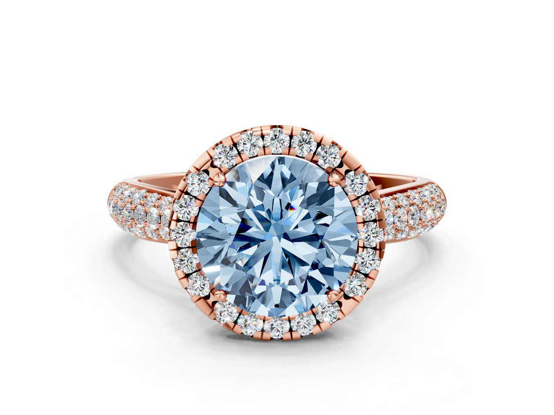Rose gold Fancy Blue Round  Cut Halo Pave Band Four-Prong Setting Ring_37
