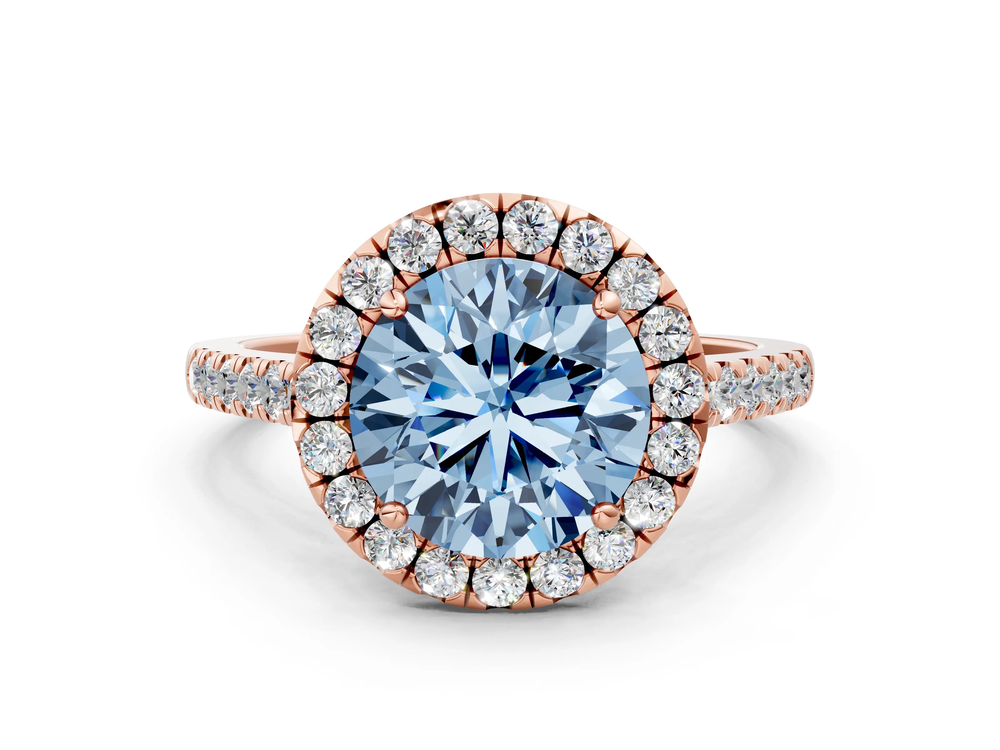 Rose gold Fancy Blue Round Cut Halo Pave Diamond Engagement Ring with Four-Prong Setting