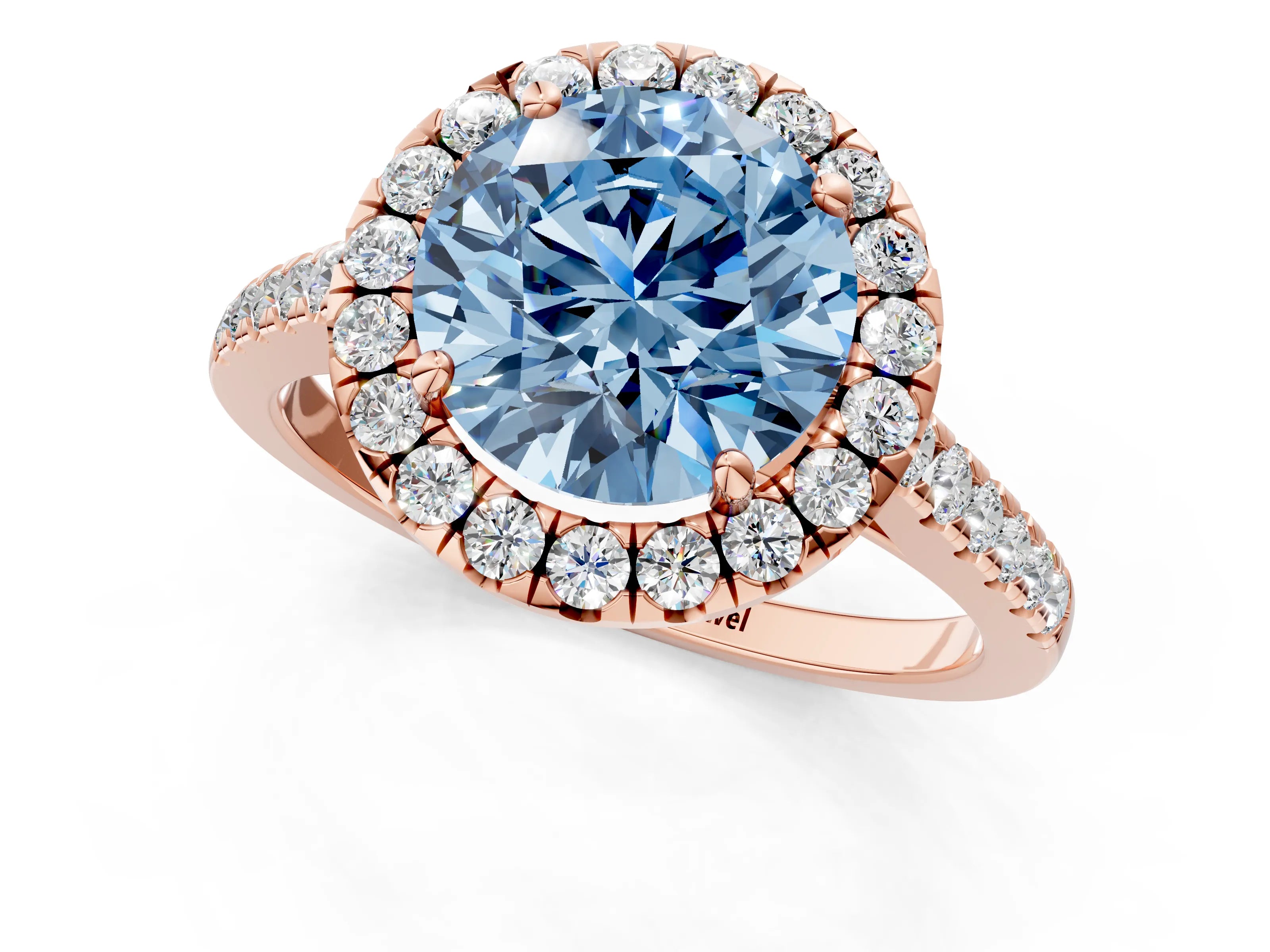 Rose gold Fancy Blue Round Cut Halo Pave Diamond Engagement Ring with Four-Prong Setting_1