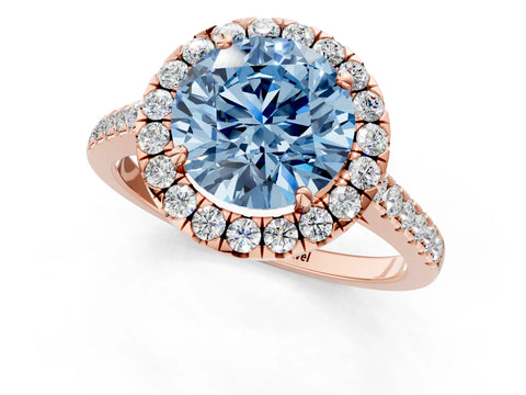 Rose gold Fancy Blue Round Cut Halo Pave Diamond Engagement Ring with Four-Prong Setting_1