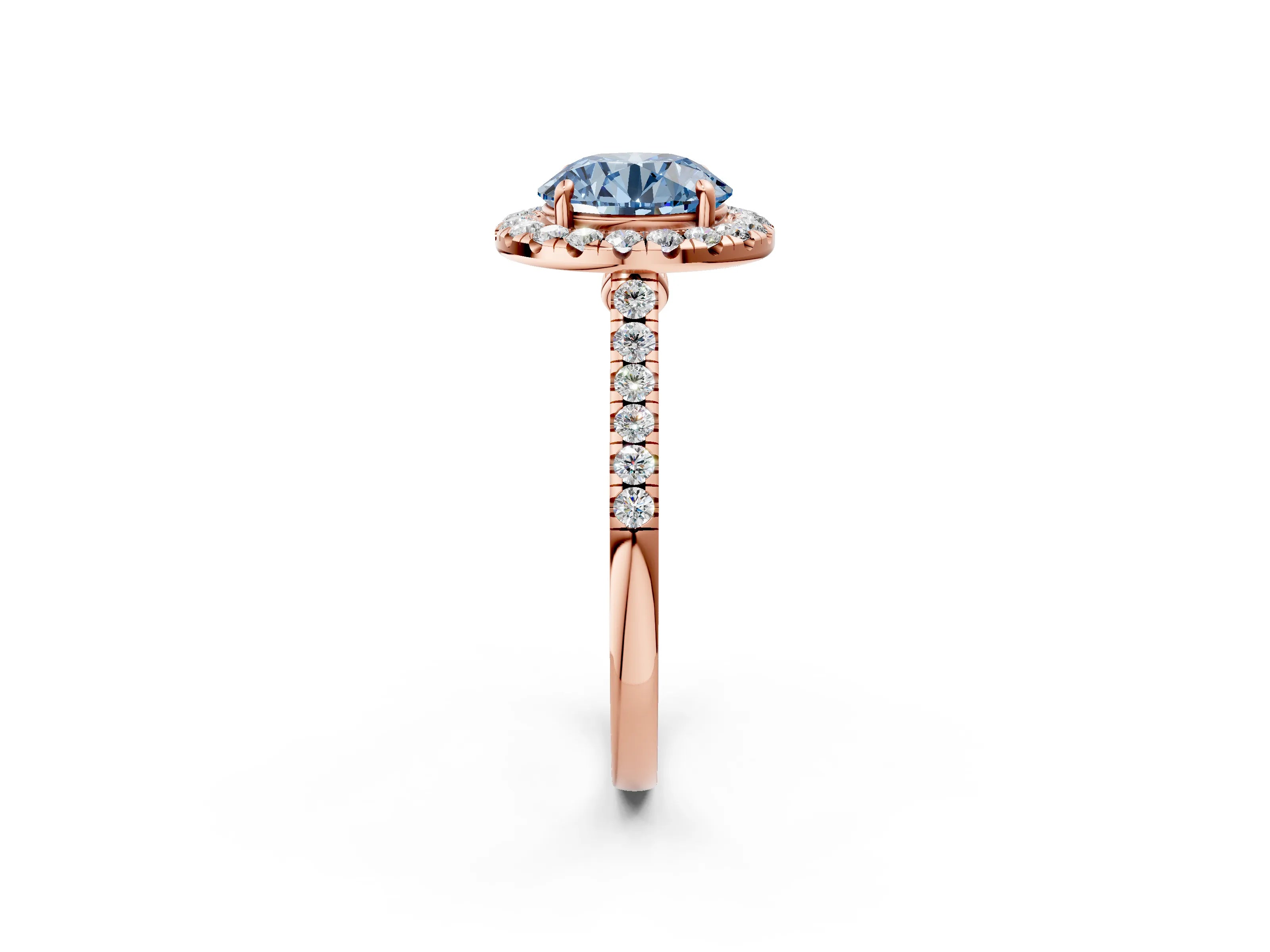 Rose gold Fancy Blue Round Cut Halo Pave Diamond Engagement Ring with Four-Prong Setting_2