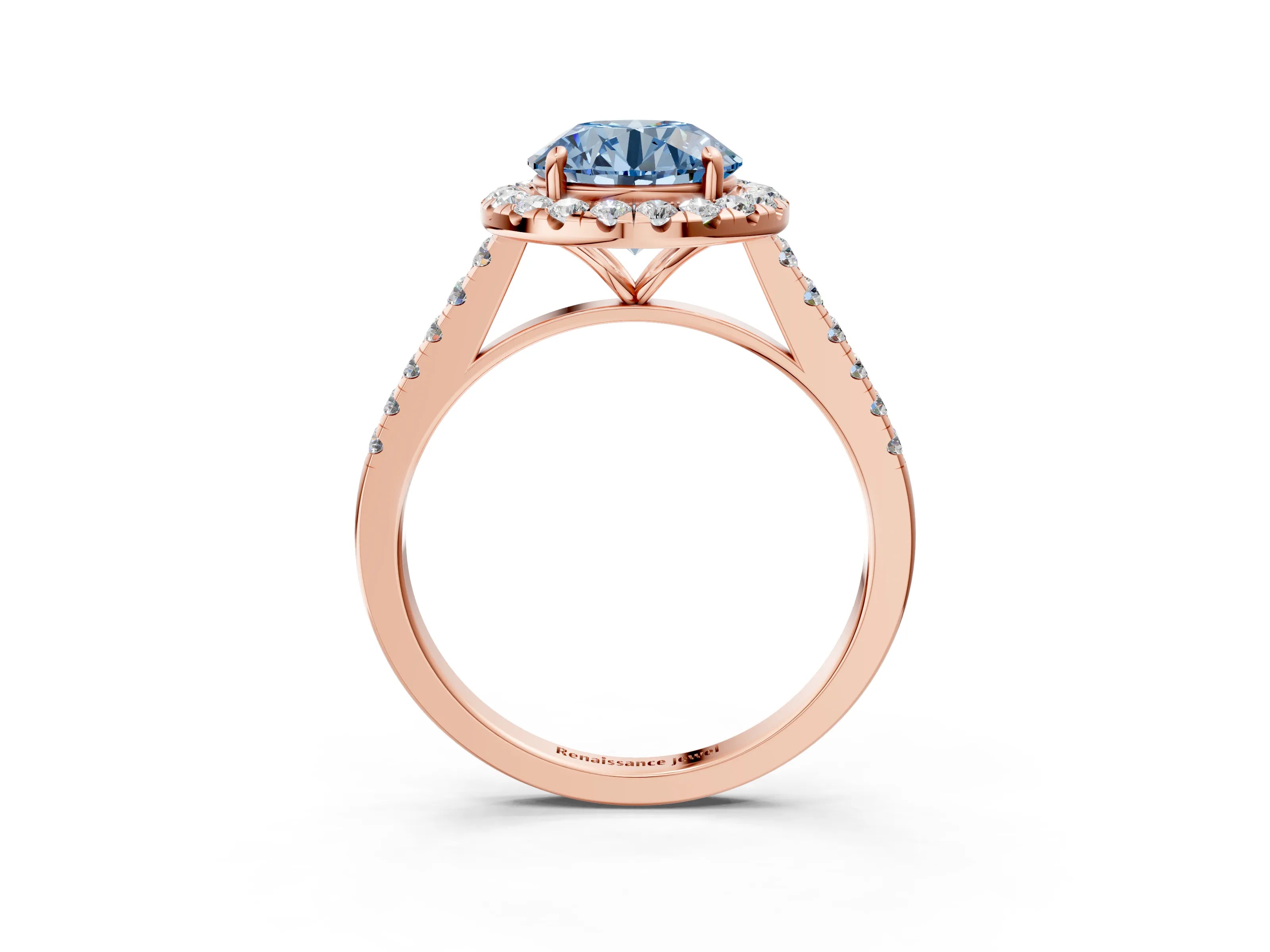 Rose gold Fancy Blue Round Cut Halo Pave Diamond Engagement Ring with Four-Prong Setting_3