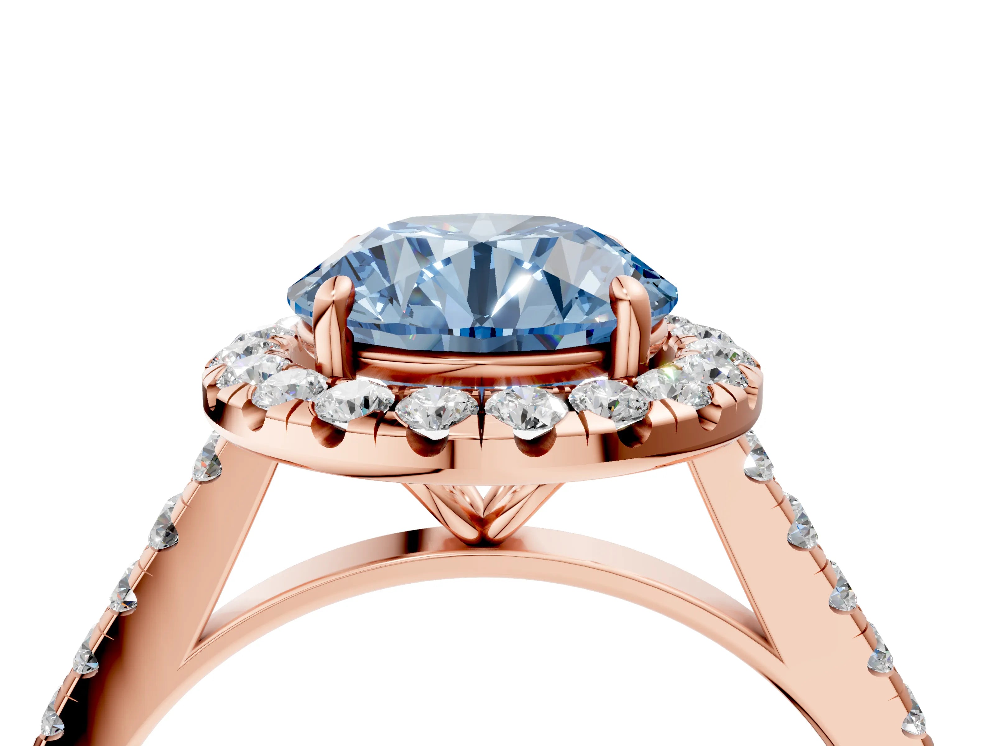 Rose gold Fancy Blue Round Cut Halo Pave Diamond Engagement Ring with Four-Prong Setting_4