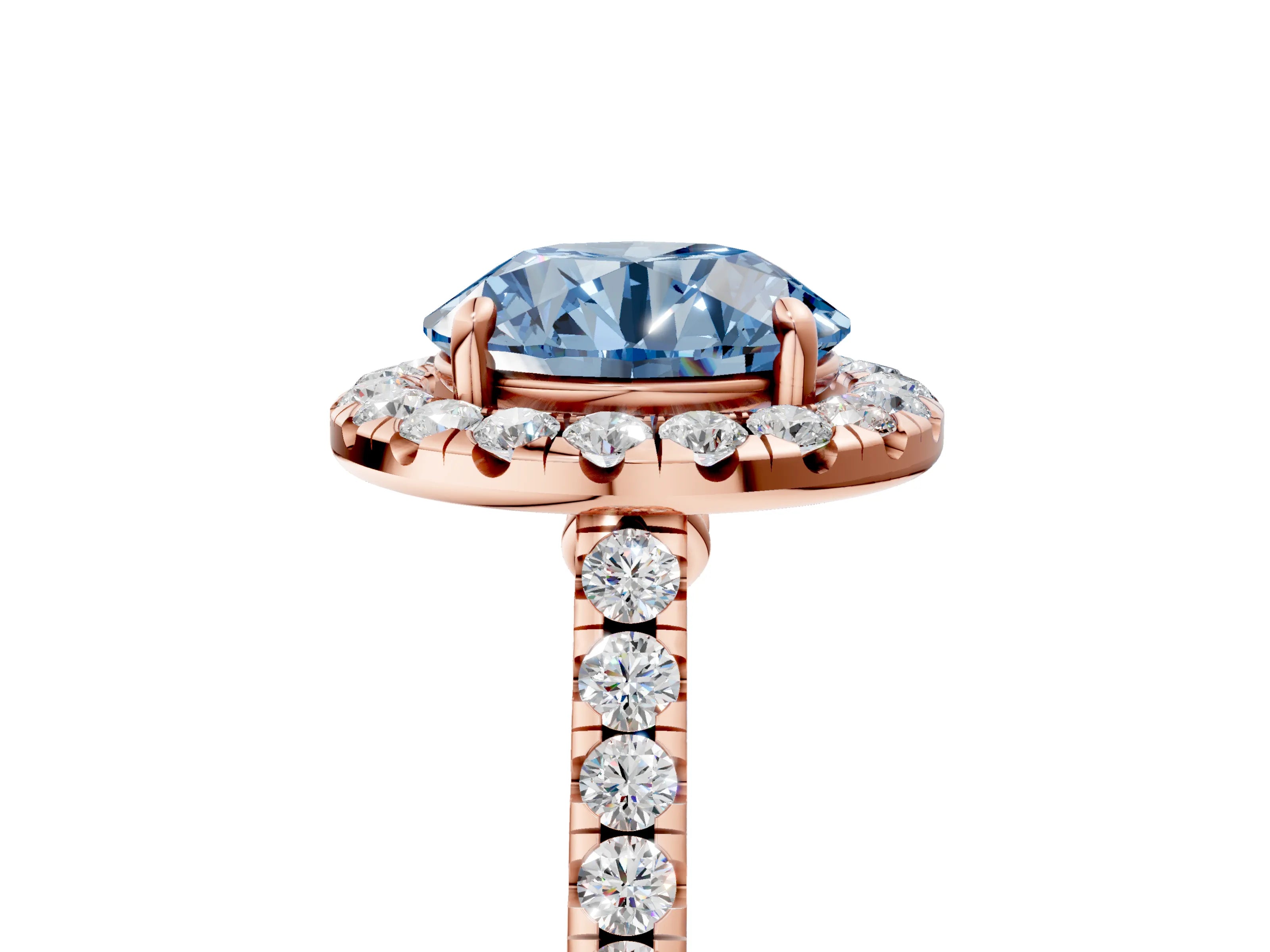 Rose gold Fancy Blue Round Cut Halo Pave Diamond Engagement Ring with Four-Prong Setting_5