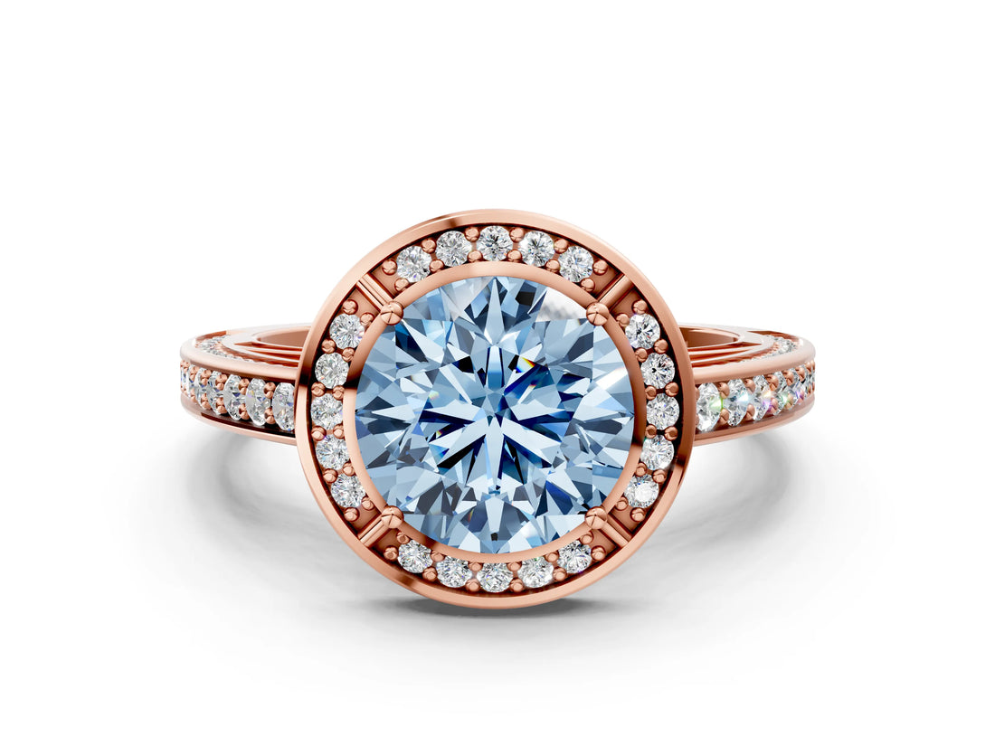 Rose gold Fancy Blue Round  Cut Halo Pave Split Shank Prong Setting Ring_37
