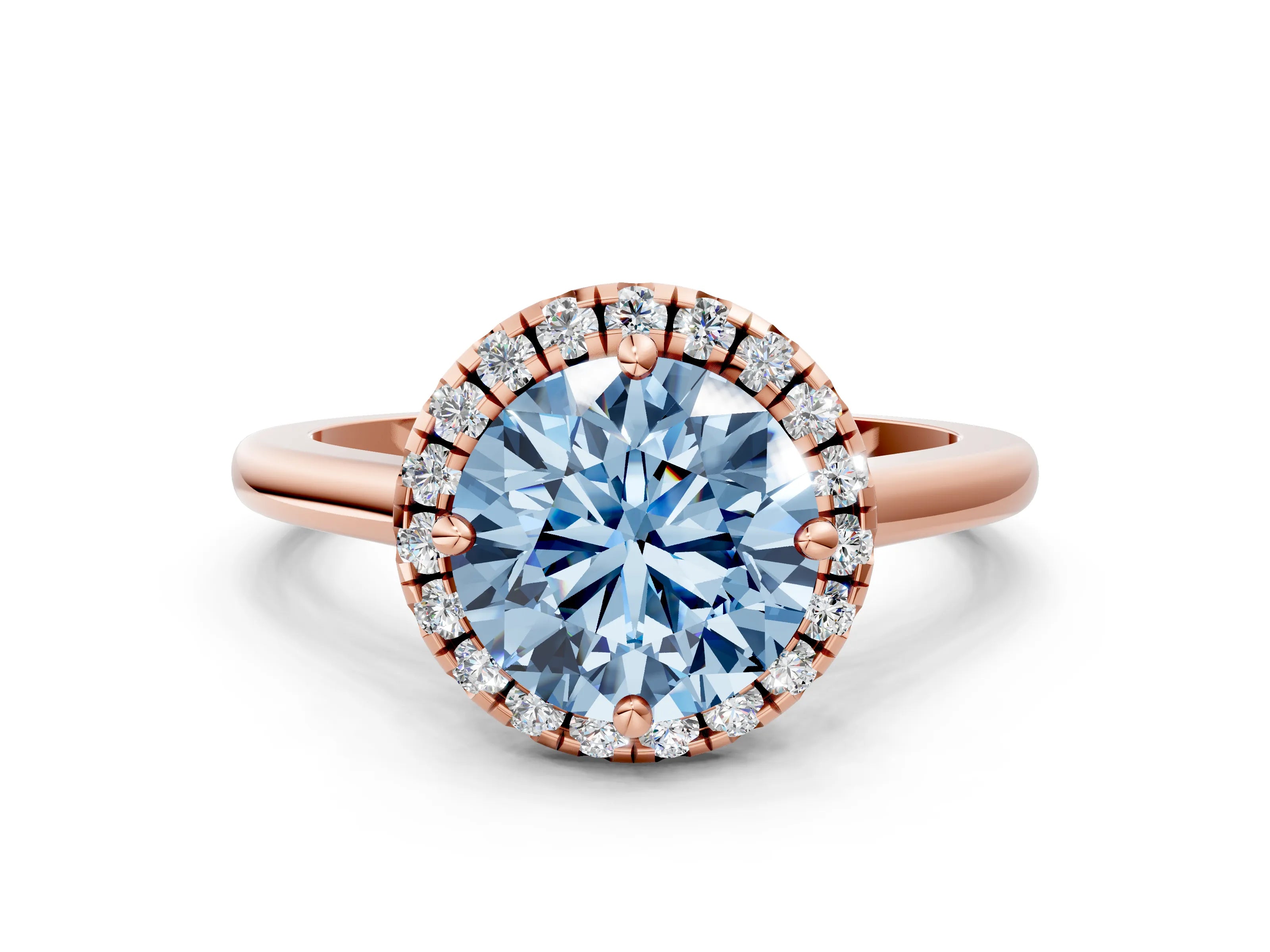 Rose gold Fancy Blue Round Cut Halo Round Diamond Solitaire Engagement Ring with Pave Band and Four-Prong Setting_12