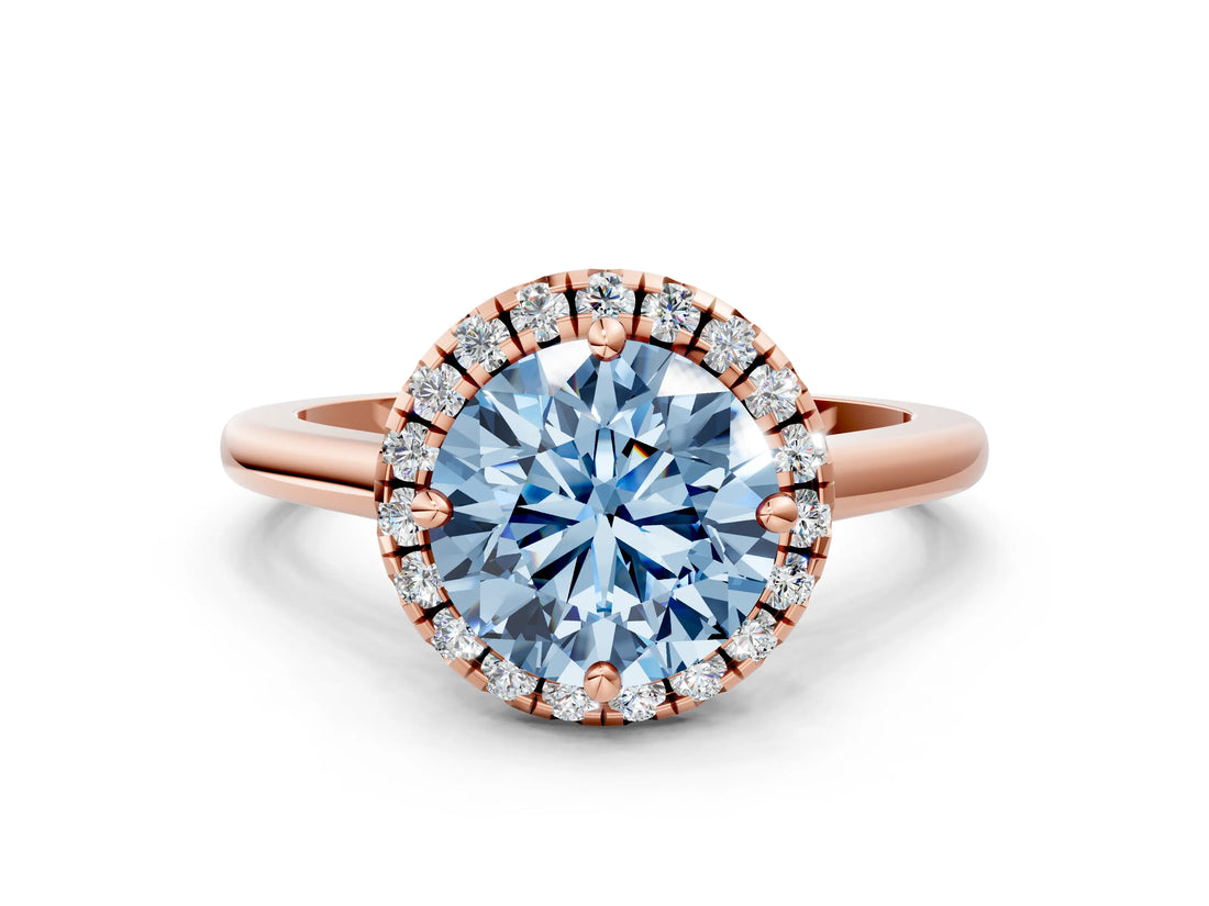 Rose gold Fancy Blue Round Cut Halo Round Diamond Solitaire Engagement Ring with Pave Band and Four-Prong Setting_12