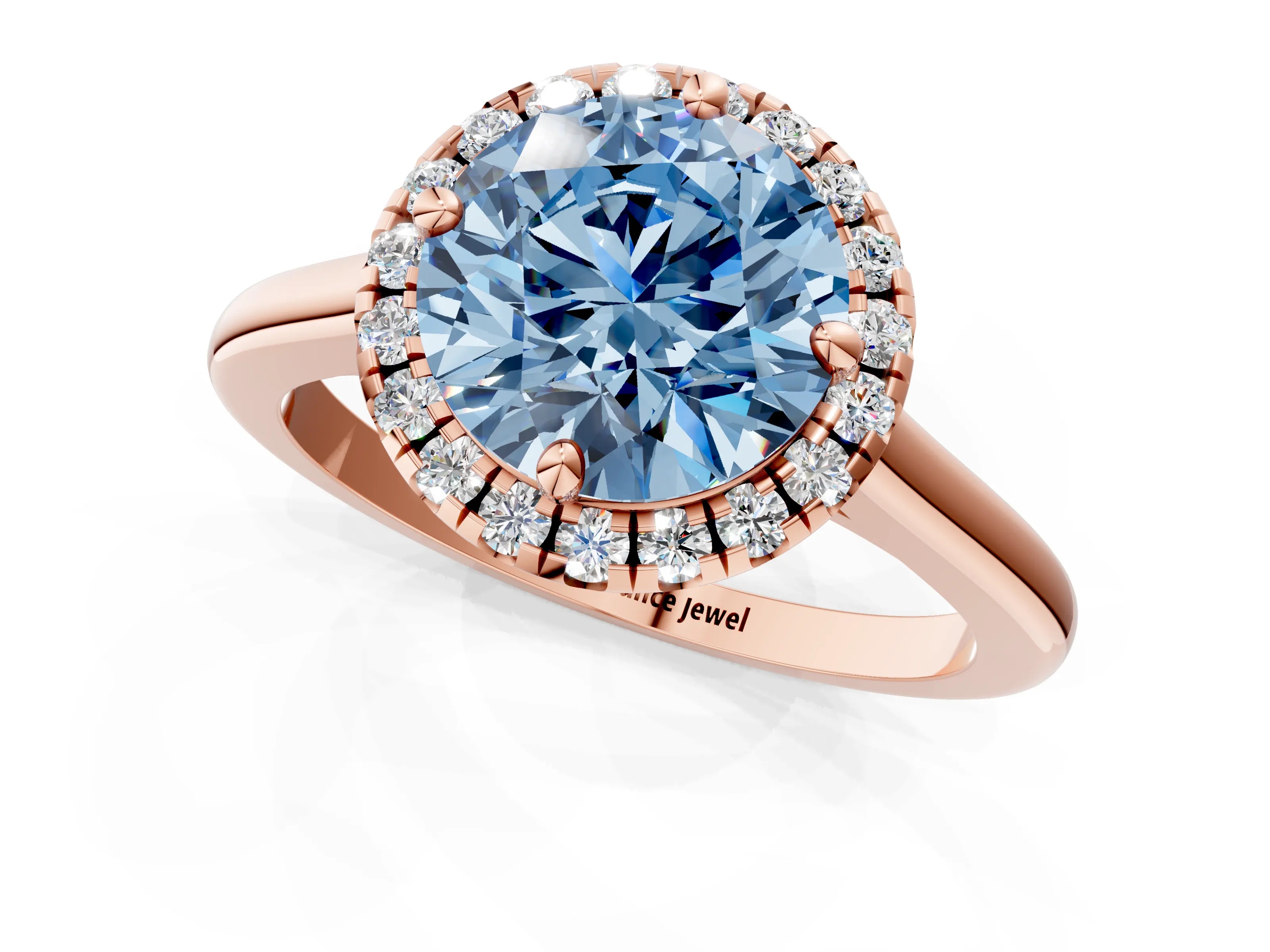 Rose gold Fancy Blue Round Cut Halo Round Diamond Solitaire Engagement Ring with Pave Band and Four-Prong Setting_13