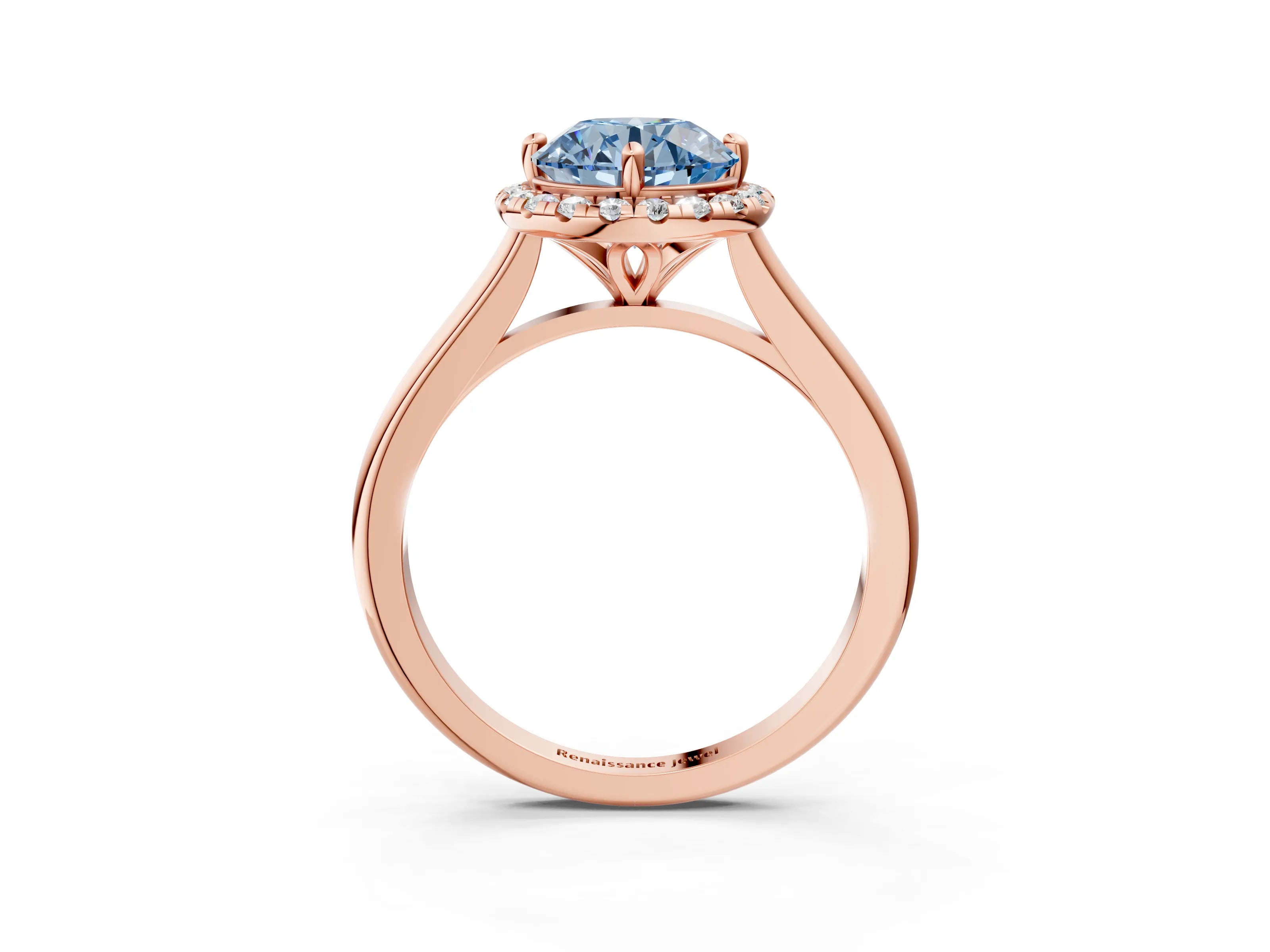 Rose gold Fancy Blue Round Cut Halo Round Diamond Solitaire Engagement Ring with Pave Band and Four-Prong Setting_15