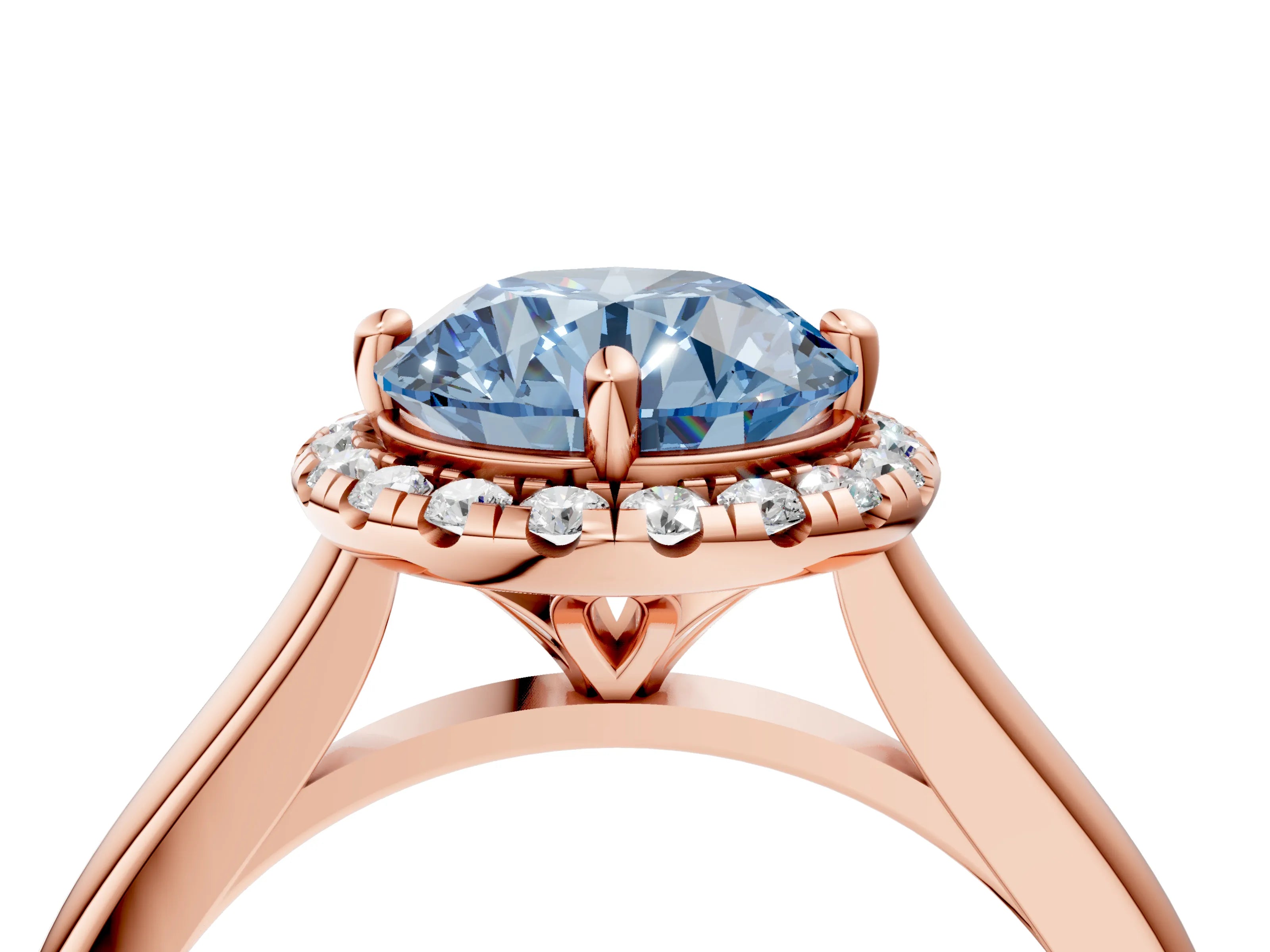 Rose gold Fancy Blue Round Cut Halo Round Diamond Solitaire Engagement Ring with Pave Band and Four-Prong Setting_16