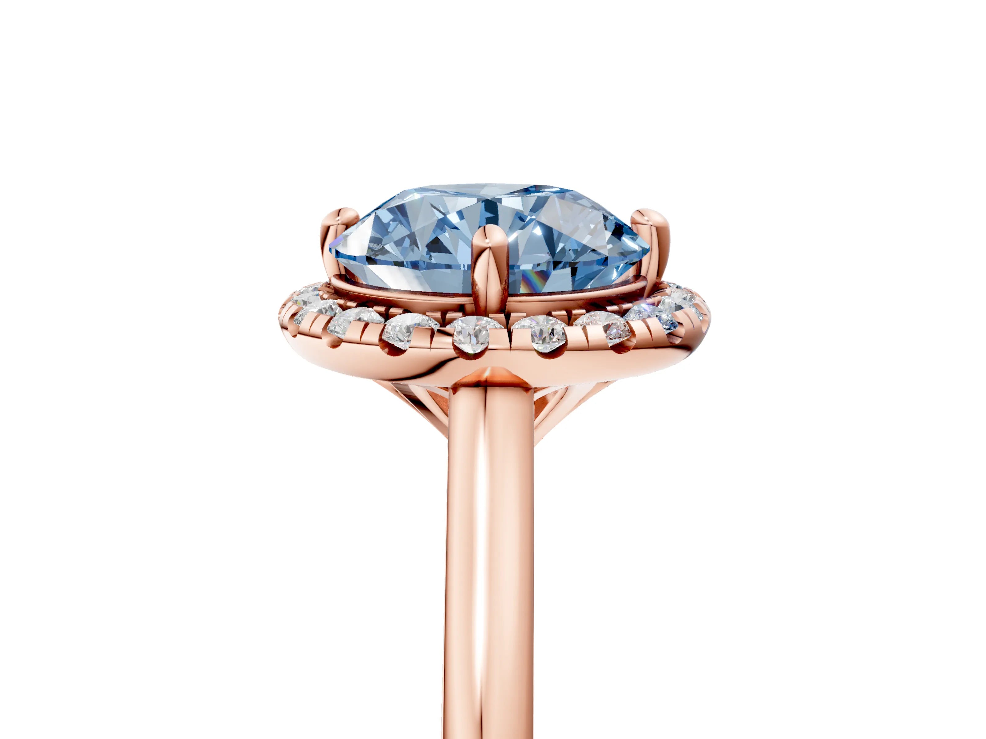 Rose gold Fancy Blue Round Cut Halo Round Diamond Solitaire Engagement Ring with Pave Band and Four-Prong Setting_17